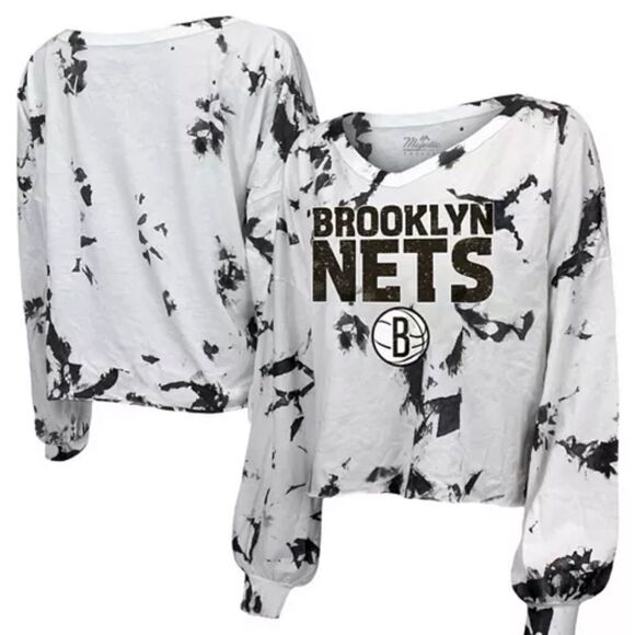 Majestic Women's White Black Brooklyn  Tie-Dye Crop V-Neck Long Sleeve T-shirt - Picture 1 of 7